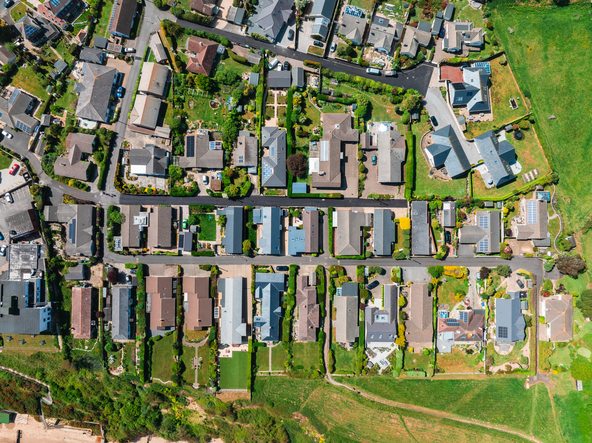 Aerial view of an established single-family suburban neighborhood