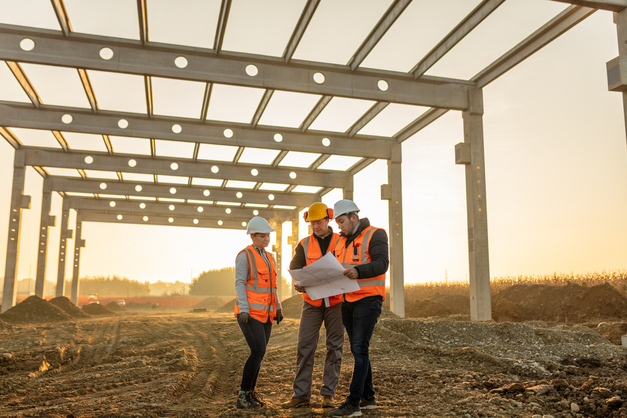 A construction crew gathered around blueprints on a job site, reviewing plans together