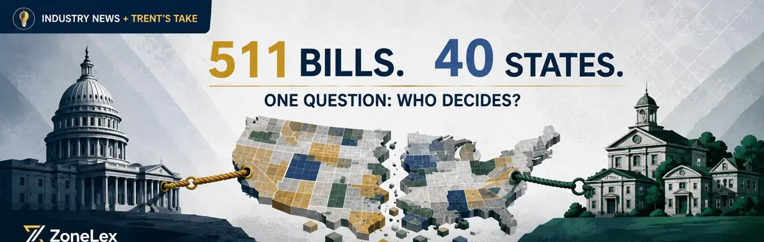 Banner illustration reading 511 bills, 40 states, one question: who decides, with a map of the United States splitting apart between a state capitol and a county courthouse