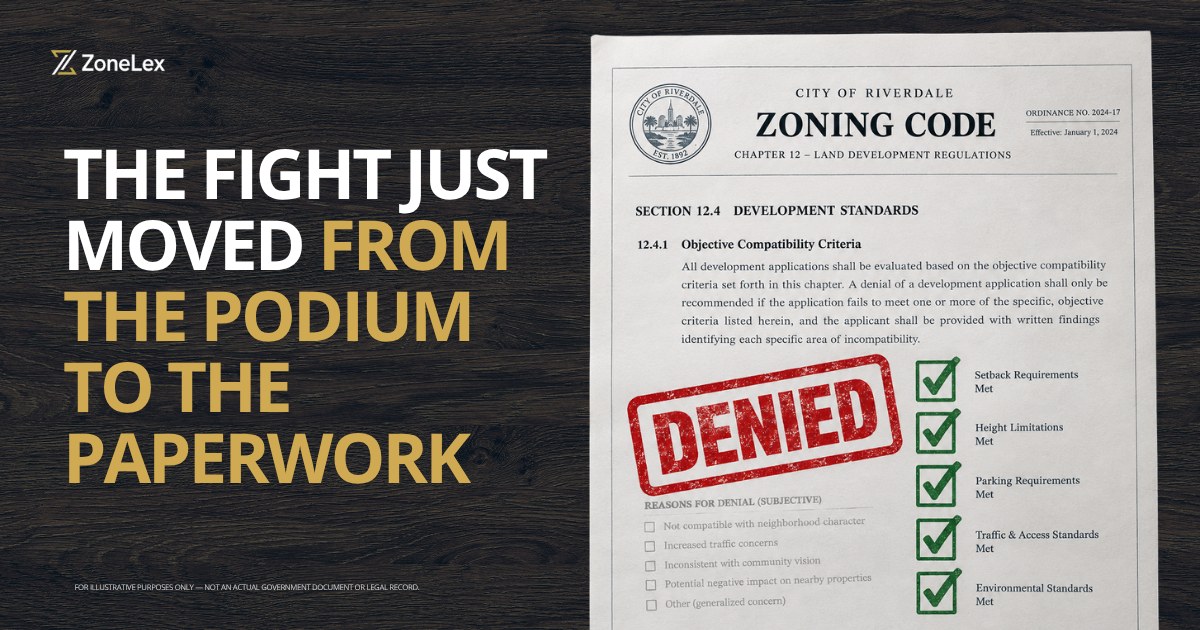 A city zoning code page stamped DENIED, with every objective criterion checked as met and only subjective reasons for denial left unchecked