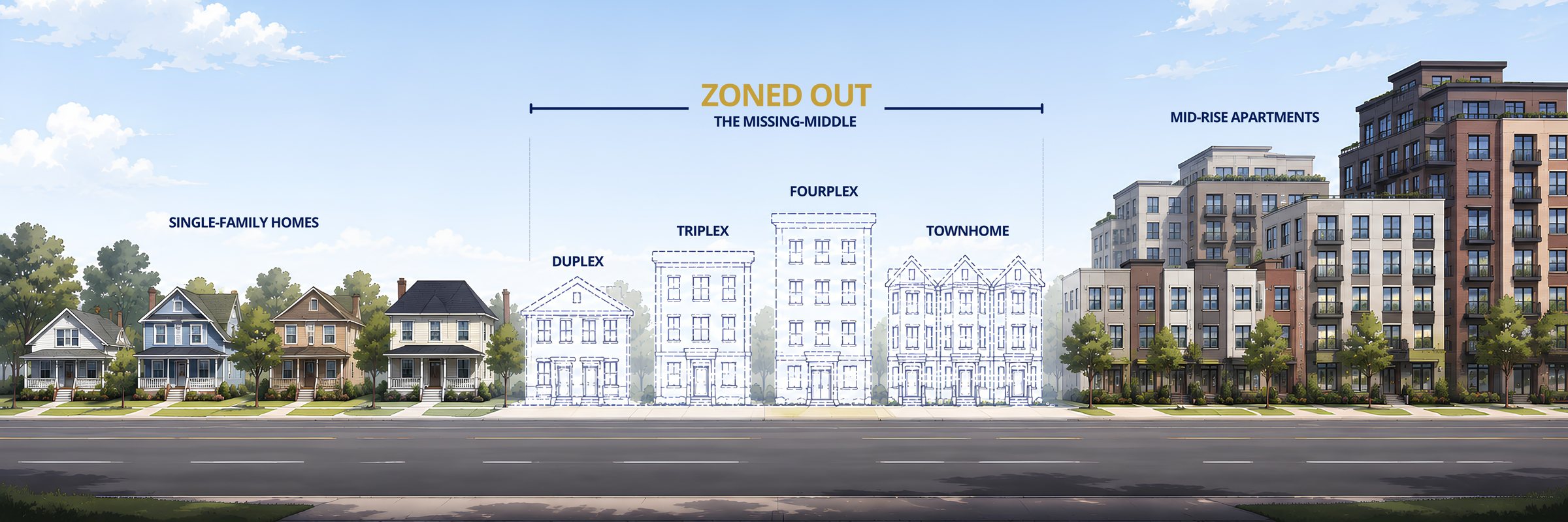 Street elevation with single-family homes, ghosted outlines of a duplex, triplex, fourplex and townhome row labeled zoned out, and mid-rise apartments