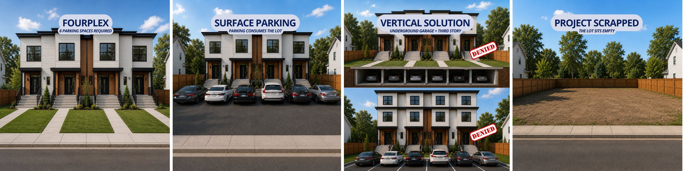 Four panels: a fourplex, the lot consumed by surface parking, a denied underground garage and third story, and an empty lot