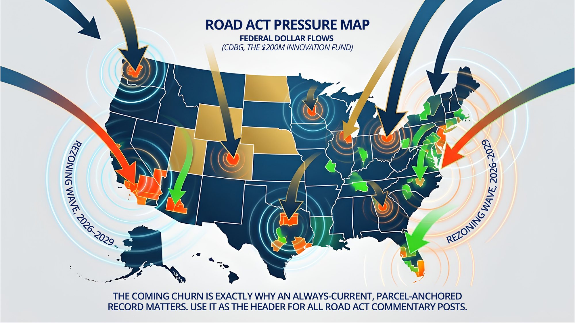 Stylized U.S. map with federal dollar flows pushing into municipalities and ripples labeled rezoning wave 2026 to 2029